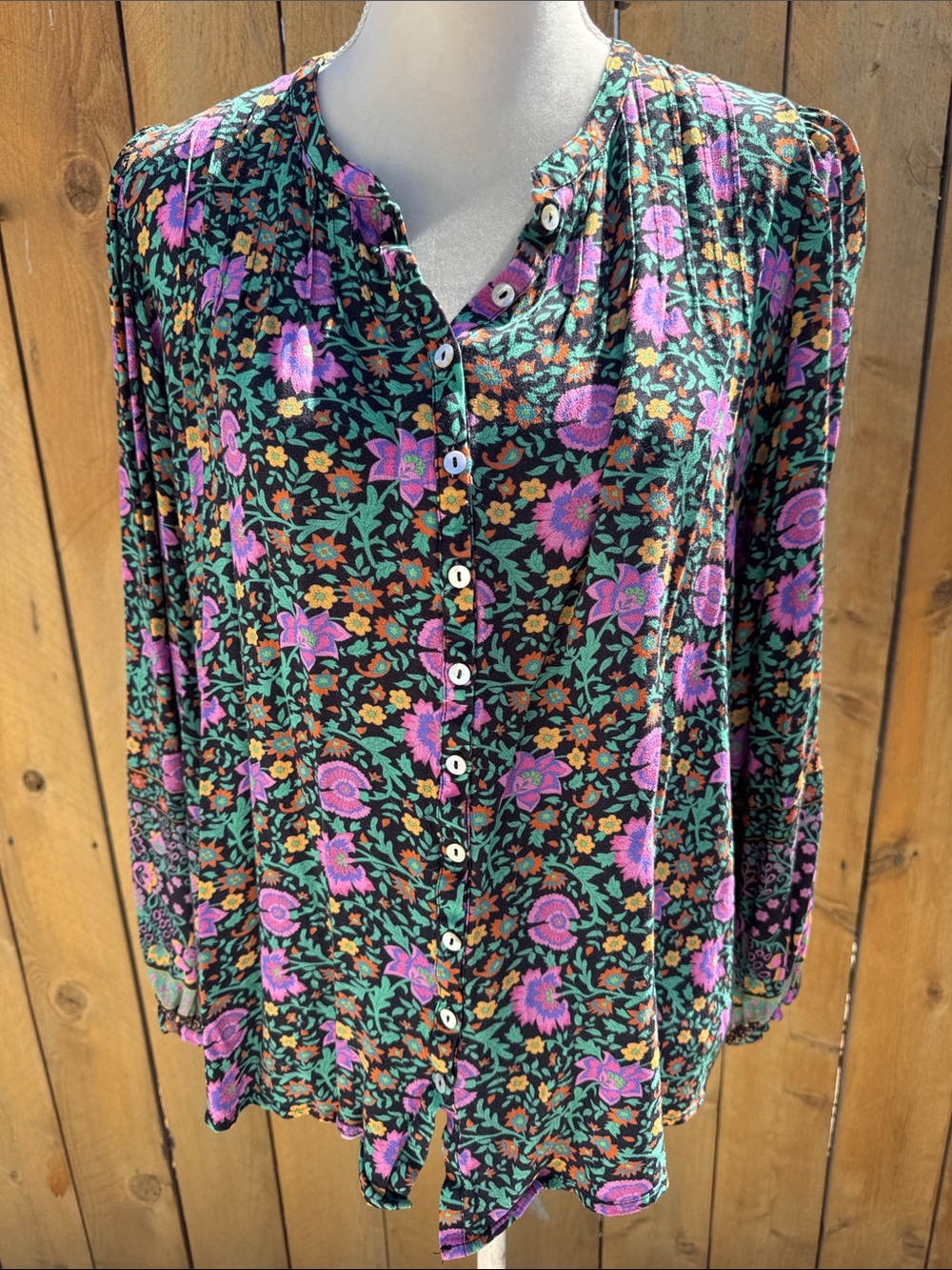 Spell Floral Button-Front Blouse in Black, Purple and Green size XL